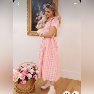 Ivy City Co Pink Gingham Briar Midi Dress with Bow Detail